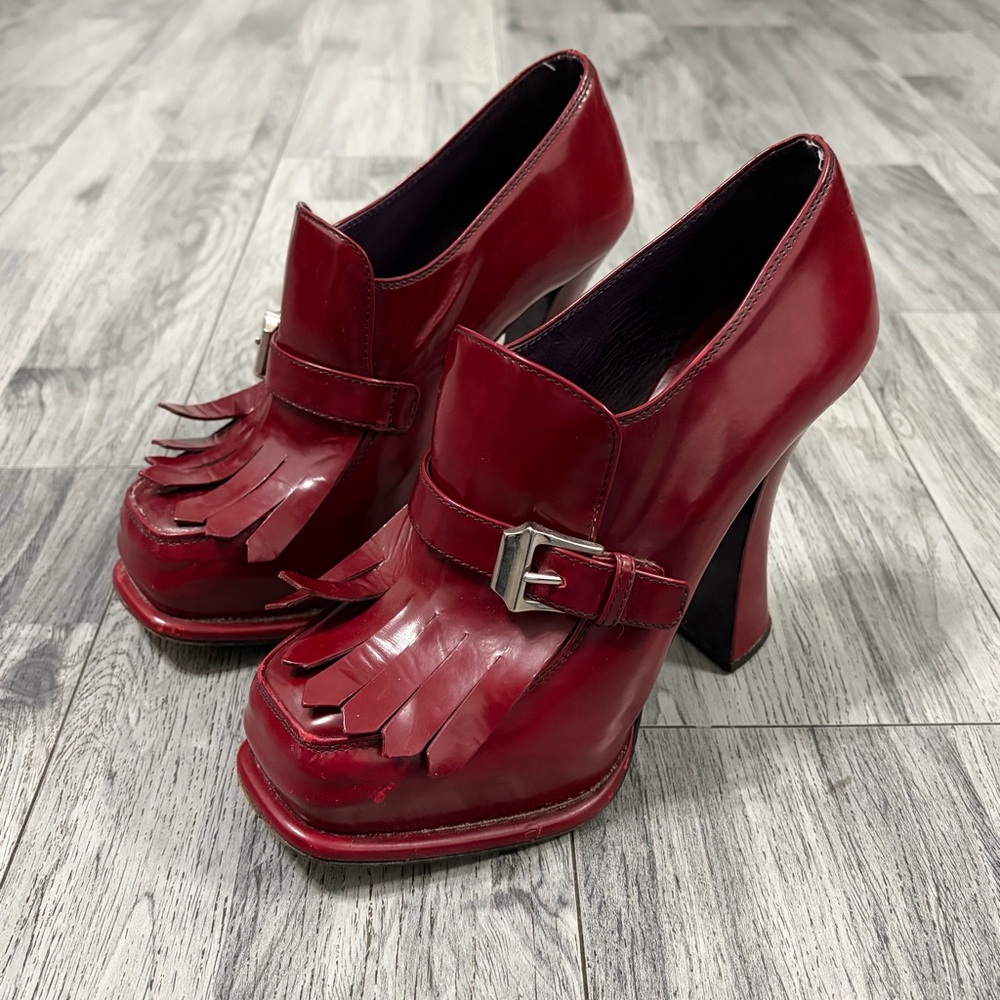 Prada Kiltie Loafer Pump Heel Burgundy Leather